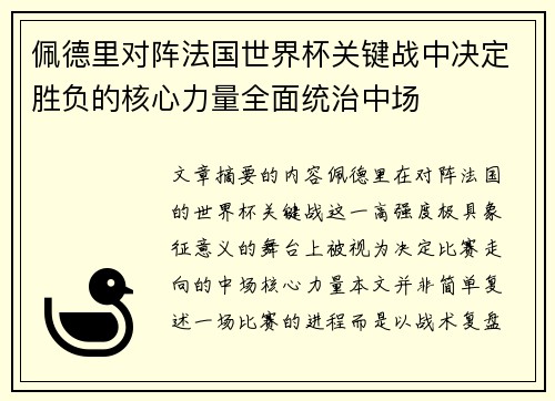 佩德里对阵法国世界杯关键战中决定胜负的核心力量全面统治中场